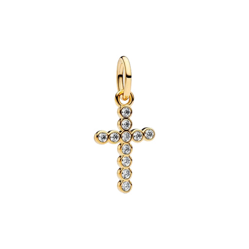 The Pandora Cross Dangle Charm in Gold brings a timeless symbol of faith to your bracelet stack.