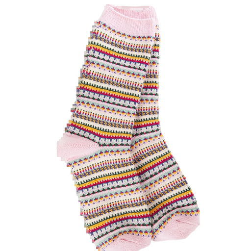 Colorful striped sock with pink cuffs and toes on a white background