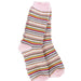 Colorful striped sock with pink cuffs and toes on a white background