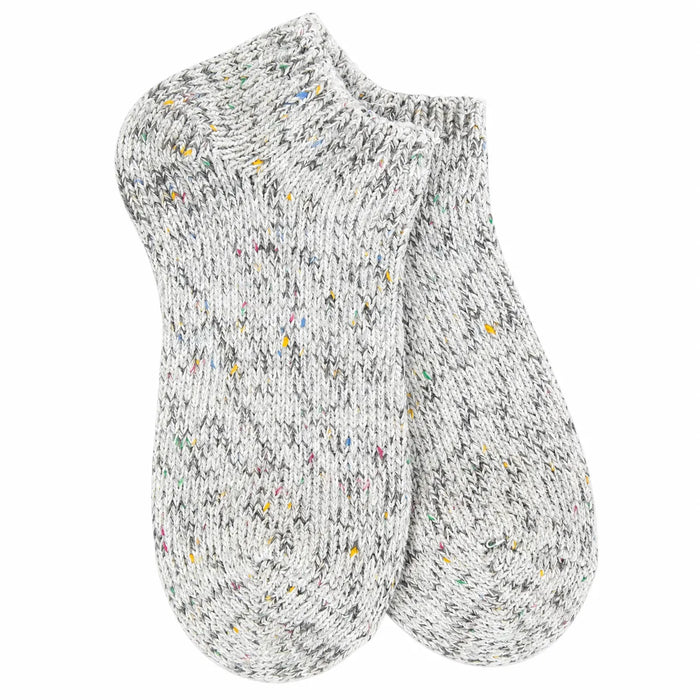 A pair of low-cut ankle socks in a white and gray marled knit pattern with small multicolored flecks, shown on a plain white background.