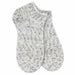 A pair of low-cut ankle socks in a white and gray marled knit pattern with small multicolored flecks, shown on a plain white background.