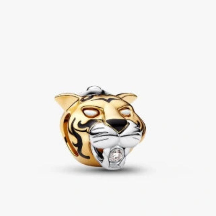 PANDORA Disney Princess Jasmine and Tiger Rajah charm featuring intricate character details and a sparkling synthetic diamond accent for PANDORA Moments jewelry.