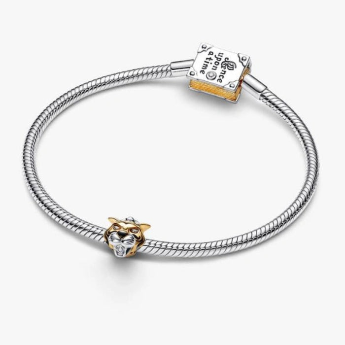 PANDORA Disney Princess Jasmine and Tiger Rajah charm featuring intricate character details and a sparkling synthetic diamond accent for PANDORA Moments jewelry.