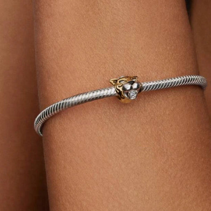 PANDORA Disney Princess Jasmine and Tiger Rajah charm featuring intricate character details and a sparkling synthetic diamond accent for PANDORA Moments jewelry.