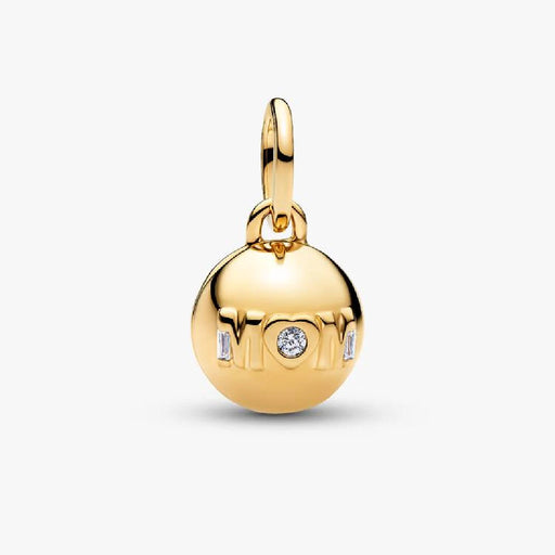 Gold "Mom" charm adorned with sparkling diamonds, showcasing a heartfelt tribute to motherhood.
