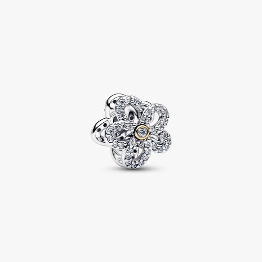 A diamond flower charm displayed against a clean white background, showcasing its intricate design and sparkle.