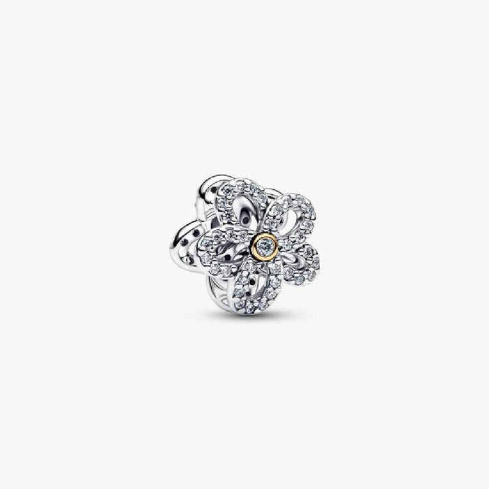 A diamond flower charm displayed against a clean white background, showcasing its intricate design and sparkle.