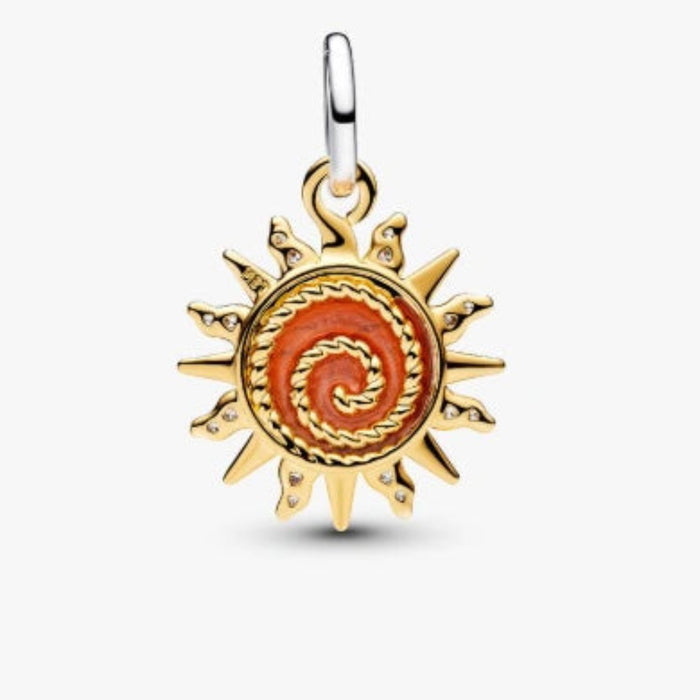 This Pandora Swirling Sun Two-Tone Dangle Charm features a bold swirling sun motif in a striking two-tone finish.
