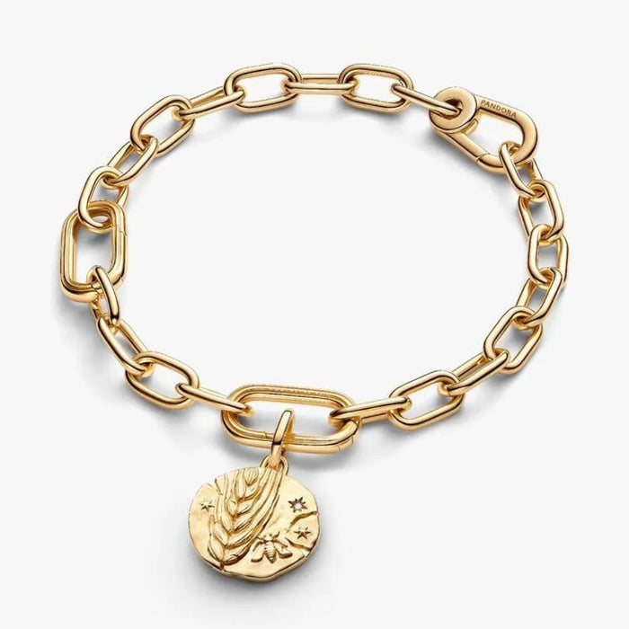 PANDORA Wheat Medallion Charm in 14k gold-plated sterling silver with VIRTUS VERA PROSPERITAS engraving