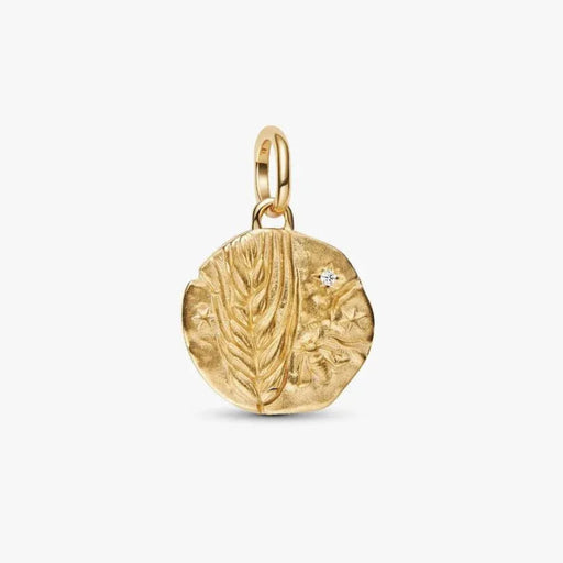 PANDORA Wheat Medallion Charm in 14k gold-plated sterling silver with VIRTUS VERA PROSPERITAS engraving