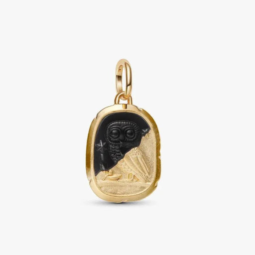 PANDORA Owl Medallion Charm in 14k gold plating with raised owl design, black man-made crystal and LUX ET SAPIENTIA engraving