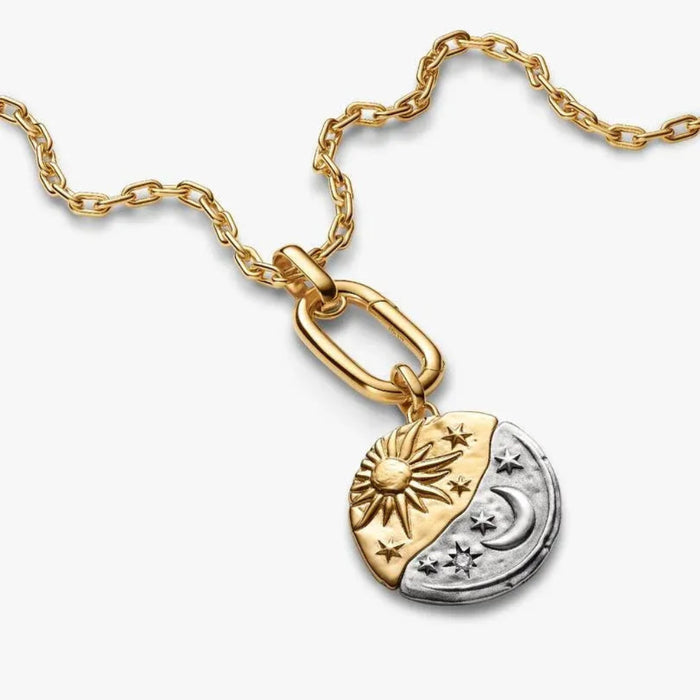 PANDORA Sun & Moon Oversized Medallion Charm in sterling silver and 14k gold plating with celestial motifs and AD ASTRA PER ASPERA engraving