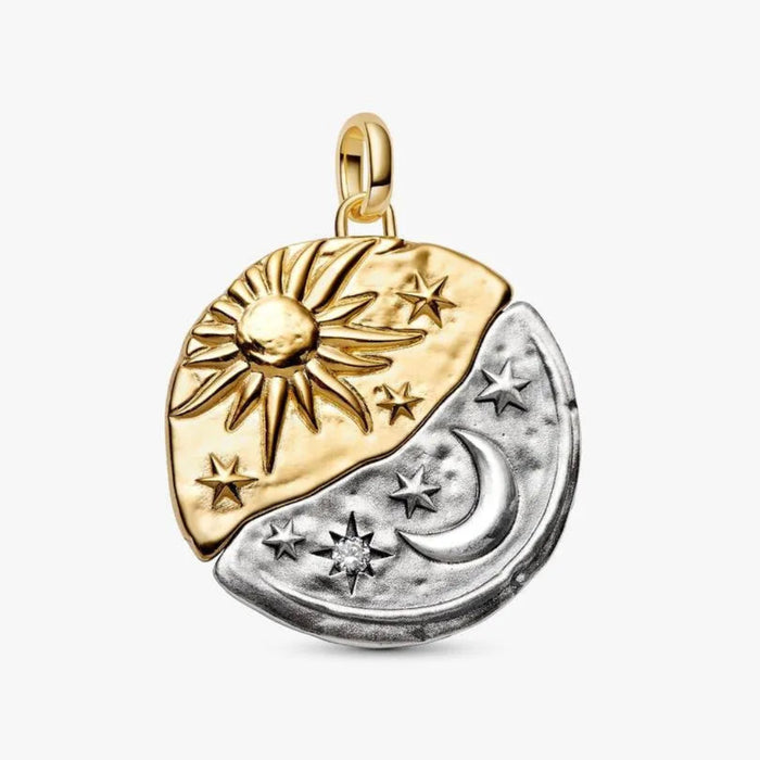 PANDORA Sun & Moon Oversized Medallion Charm in sterling silver and 14k gold plating with celestial motifs and AD ASTRA PER ASPERA engraving