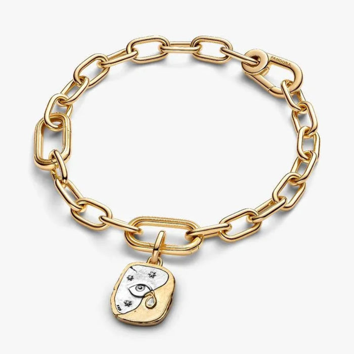 PANDORA Eye Medallion Charm in sterling silver and 14k gold plating with raised eye motif, teardrop stone and NOSCE TE IPSUM engraving