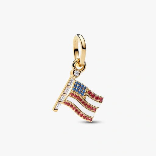 Gold-tone American flag dangle charm adorned with red, white, and blue crystal accents, designed for charm bracelets