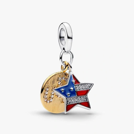 Sterling silver-tone dangle charm featuring a red, white, and blue enamel star with crystal accents and a gold-tone heart, designed for charm bracelets and necklaces.