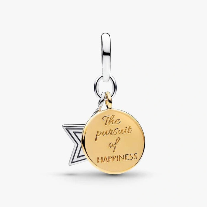 Sterling silver-tone dangle charm featuring a red, white, and blue enamel star with crystal accents and a gold-tone heart, designed for charm bracelets and necklaces.