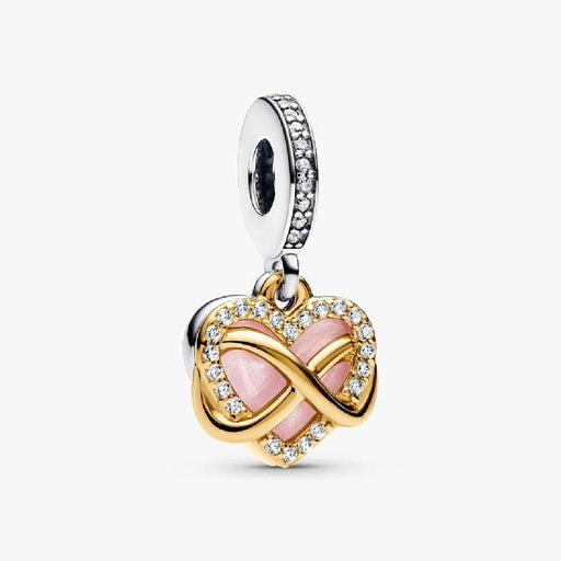 A Pandora heart charm featuring a pink stone, elegantly designed for a stylish accessory.