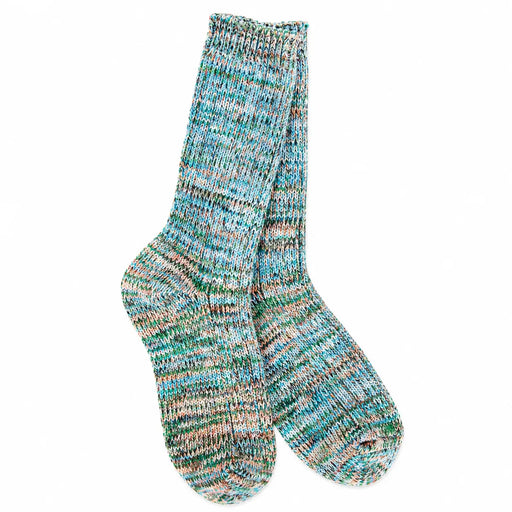 A pair of hand-knit crew socks featuring a marled variegated pattern of blue, green, beige, and brown yarns, displayed against a solid white background.