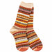 A pair of hand-knit crew socks featuring a complex, multicolored Fair Isle pattern with stripes of red, orange, yellow, green, brown, and cream on a white background.