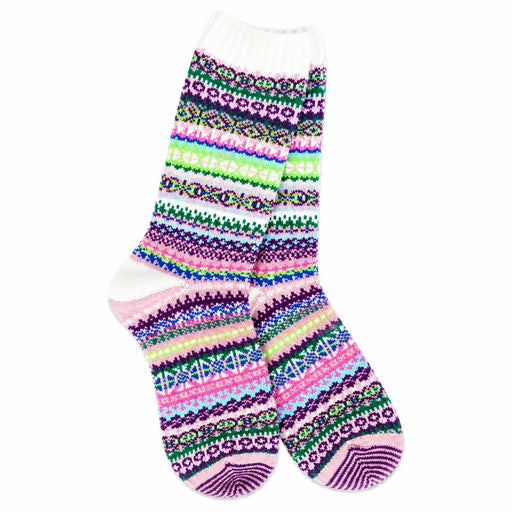 A pair of hand-knit crew socks featuring a colorful Fair Isle pattern with stripes of pink, purple, green, blue, and white on a clean white background.