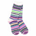 A pair of hand-knit crew socks featuring a colorful Fair Isle pattern with stripes of pink, purple, green, blue, and white on a clean white background.