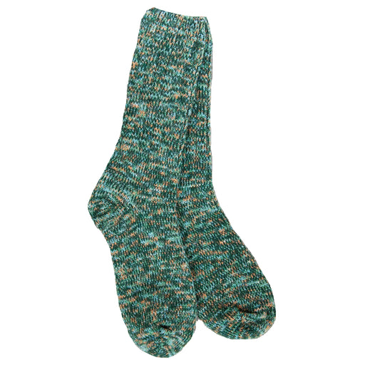 Green and brown speckled sock on a white background