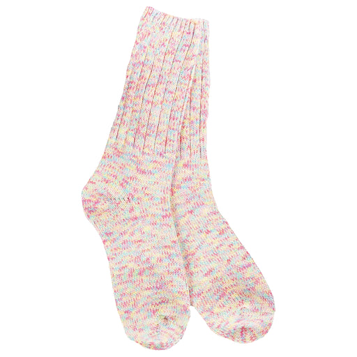 A pair of ribbed crew socks in a variegated marled knit pattern of pastel pink, blue, yellow, and white, shown against a plain white background.