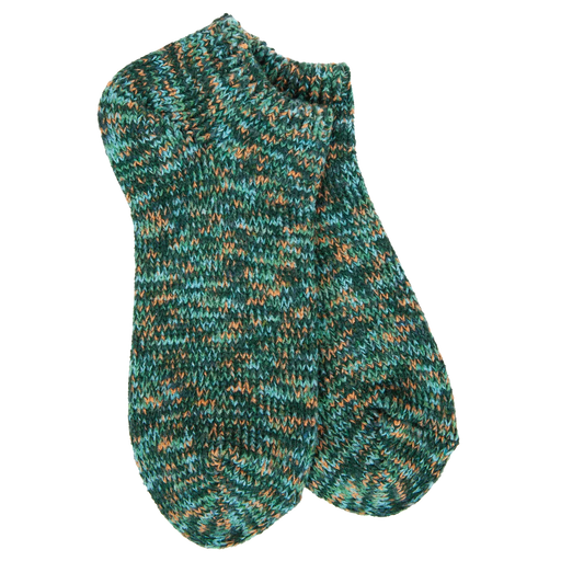 A pair of hand-knit ankle socks featuring a marled pattern of teal green, dark green, and orange yarn, displayed against a solid white background.