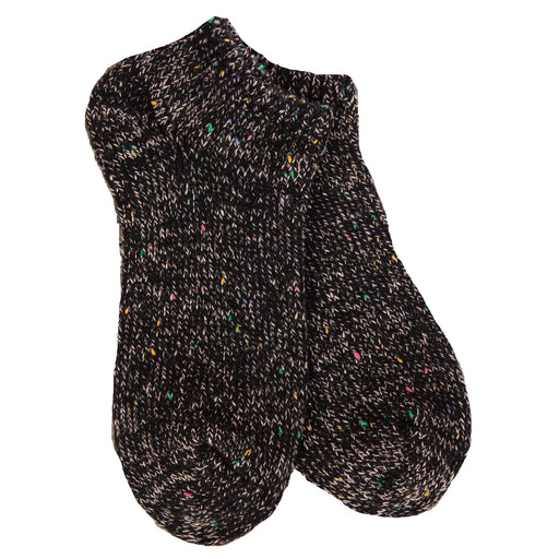 A pair of short knit socks in a dark brown and black marled pattern with small multicolored flecks, shown on a plain white background.