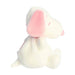 A soft white stuffed creature with pink ears, displayed on a gentle, pastel background.