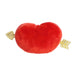 A plush toy shaped like a red heart, complete with an arrow, illustrating a classic symbol of love and romance.