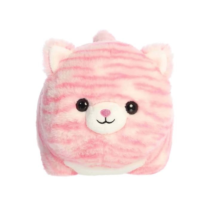  Pink striped cat plush toy resting on a white background, showcasing its soft texture and playful design.