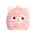  Pink striped cat plush toy resting on a white background, showcasing its soft texture and playful design.