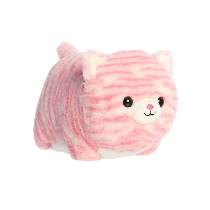 A pink striped cat plush toy displayed on a white background, highlighting its cute features and cuddly appearance.