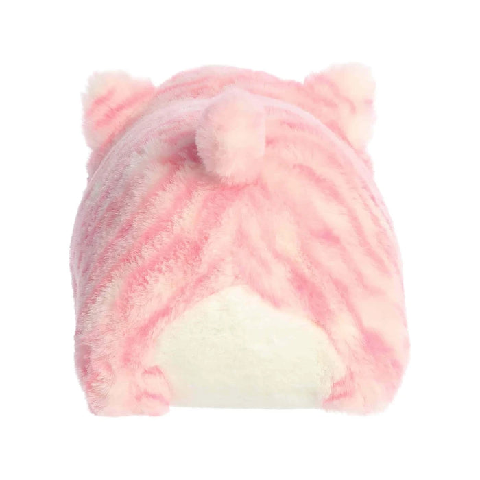 A pink striped cat plush toy on a white background, featuring a whimsical design perfect for children and collectors alike.