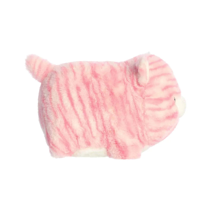 Soft pink striped cat plush toy positioned on a white background, emphasizing its charming design and inviting look.