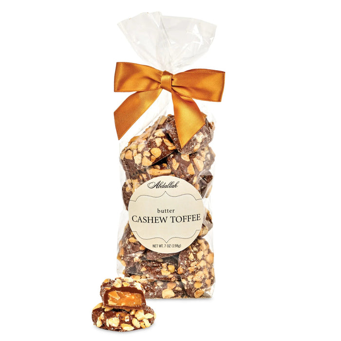Abdallah Candies Cashew Butter Toffee covered in smooth milk chocolate with crunchy cashews