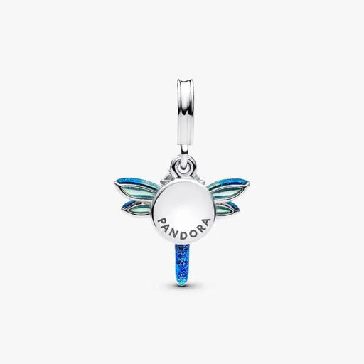 PANDORA Dragonfly Double Dangle Charm in sterling silver with transparent and holographic glitter enamel wings, sparkling stone eyes, and a “Free Spirit” engraved disc for PANDORA Moments bracelets.