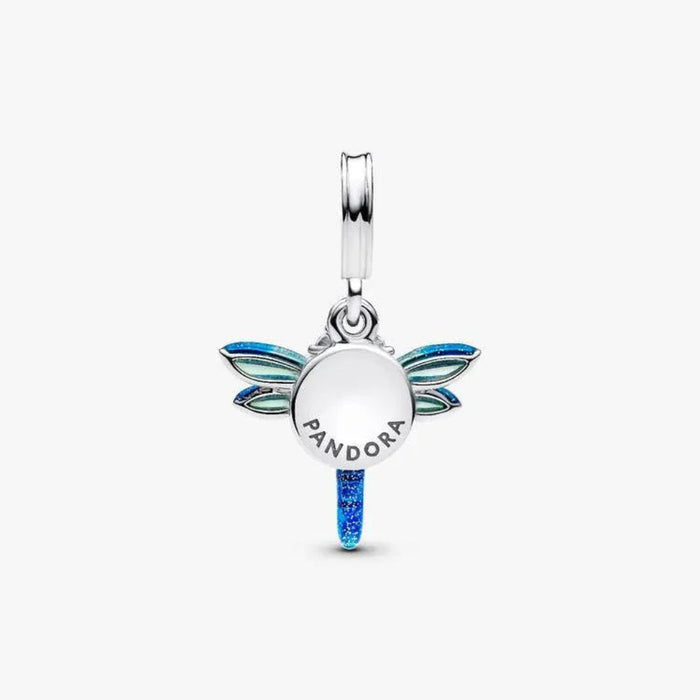 PANDORA Dragonfly Double Dangle Charm in sterling silver with transparent and holographic glitter enamel wings, sparkling stone eyes, and a “Free Spirit” engraved disc for PANDORA Moments bracelets.