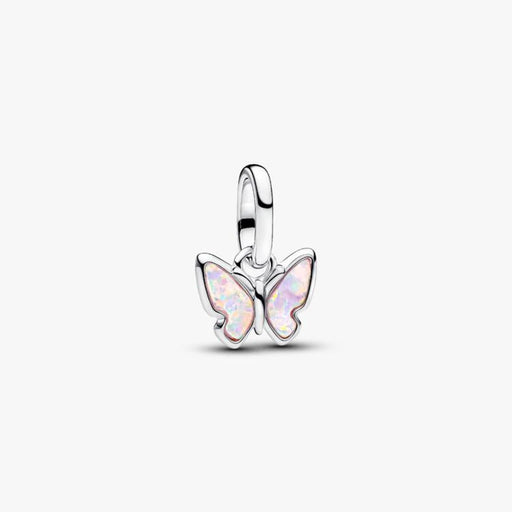 Pandora butterfly charm featuring a delicate design with a white opal centerpiece, showcasing elegance and beauty.