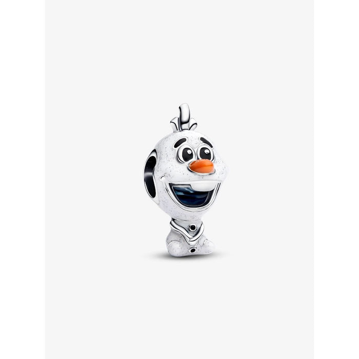 Close-up of the Olaf charm with detailed white enamel, expressive black eyes, and signature orange nose.