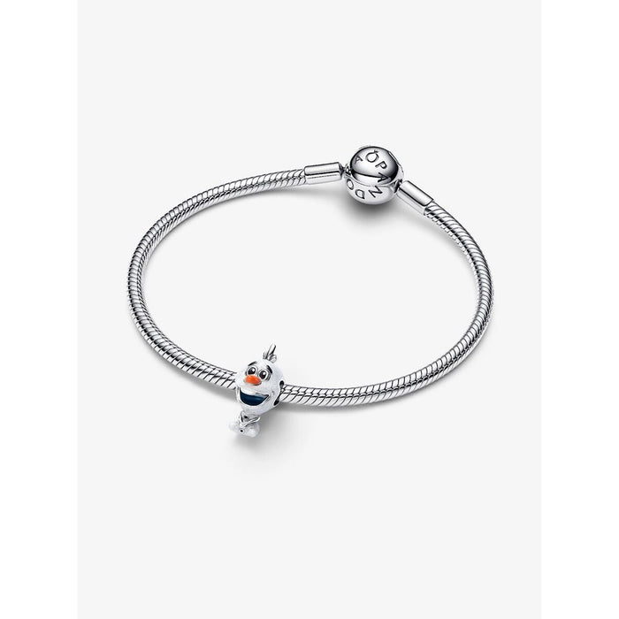 A sterling silver bracelet with the Pandora Olaf charm featuring his smiling face and bright orange carrot nose.