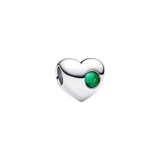 A standalone silver Pandora heart-shaped charm with a faceted green stone accent on a white background.