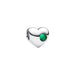 A standalone silver Pandora heart-shaped charm with a faceted green stone accent on a white background.