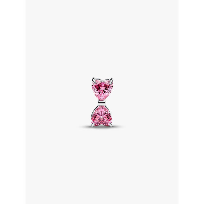 Front view of the Pandora Pink Bow Charm showcasing symmetrical pink heart-shaped stones.
