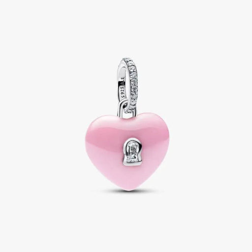 Pink heart-shaped charm with silver accents on a white background
