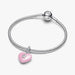 Silver bracelet with a pink heart-shaped charm on a white background