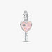 Heart-shaped key charm with pink opal and clear gemstones on a white background