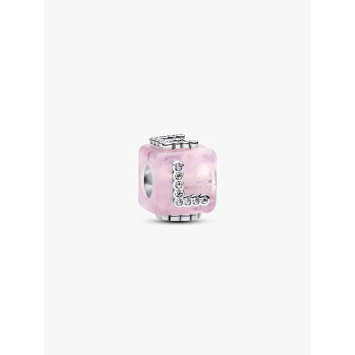 Pink charm with silver letter accents on a white background